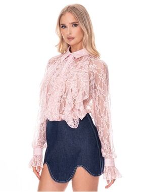 Blush Pink Lace Ruffle Blouse | Sheer Romantic Button-Up Top